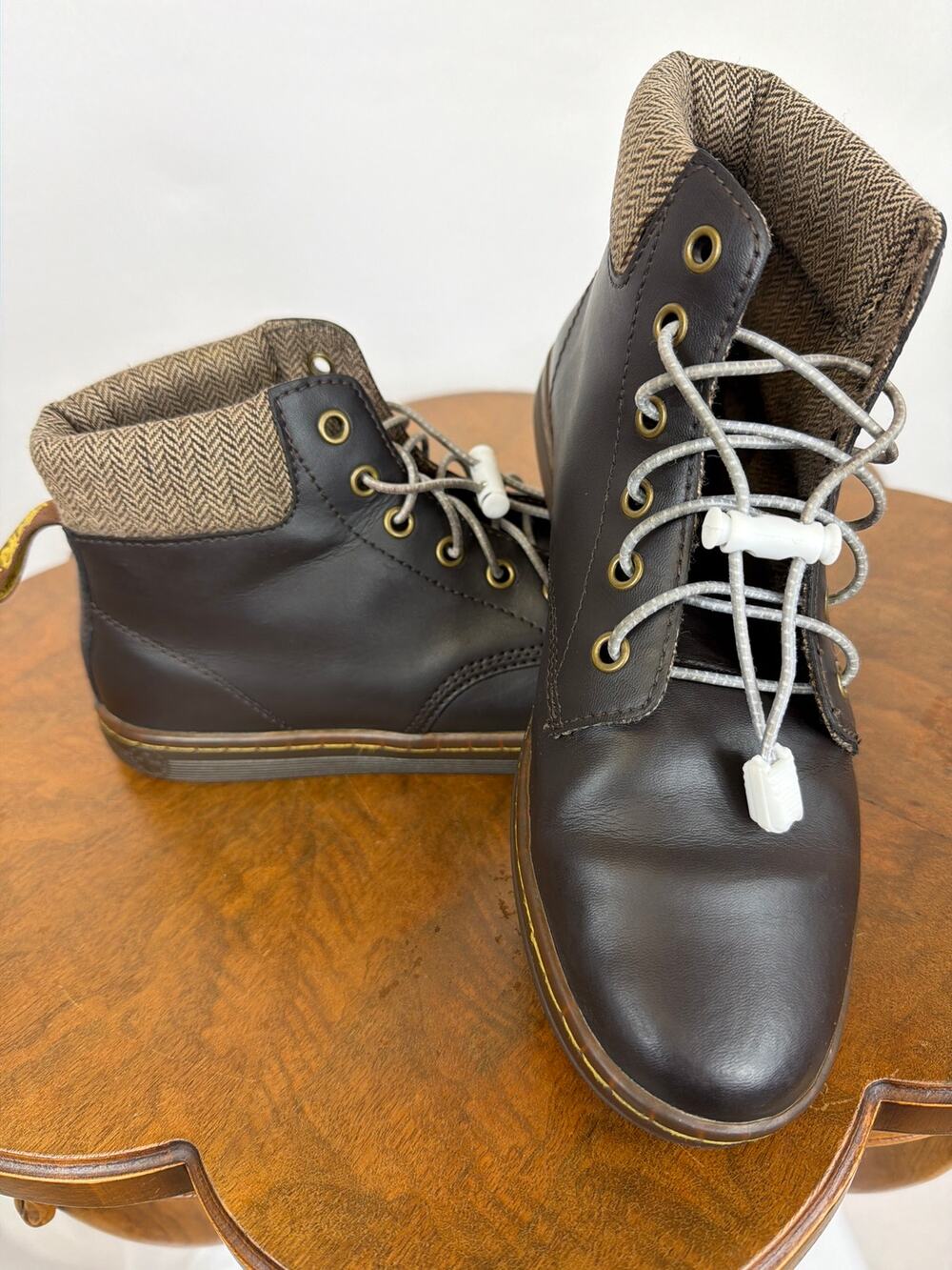 Dr. Martens Maelly Brown Leather & Herringbone Padded Ankle Boots Women's 8
